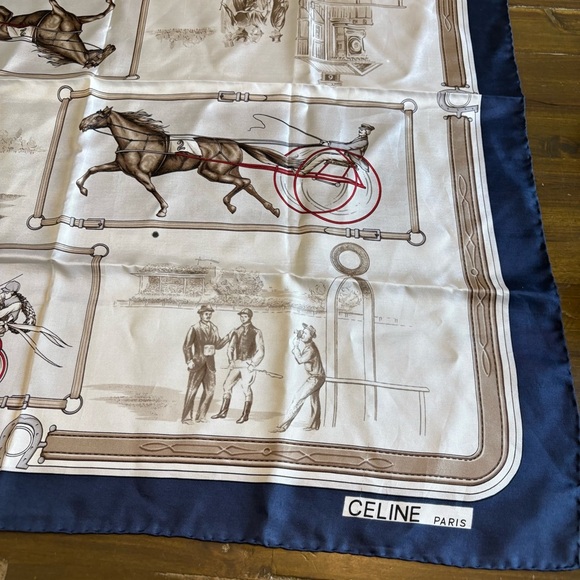 Celine Silk Scarf Horse Racing Blue Steed Riders Races Vintage Large Picture - Picture 2 of 12